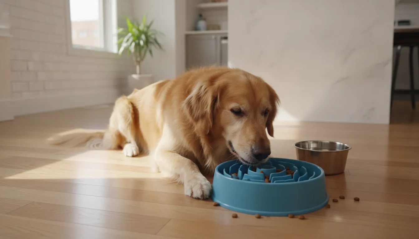 Dog eating calmly from a slow feeder dog bowl
