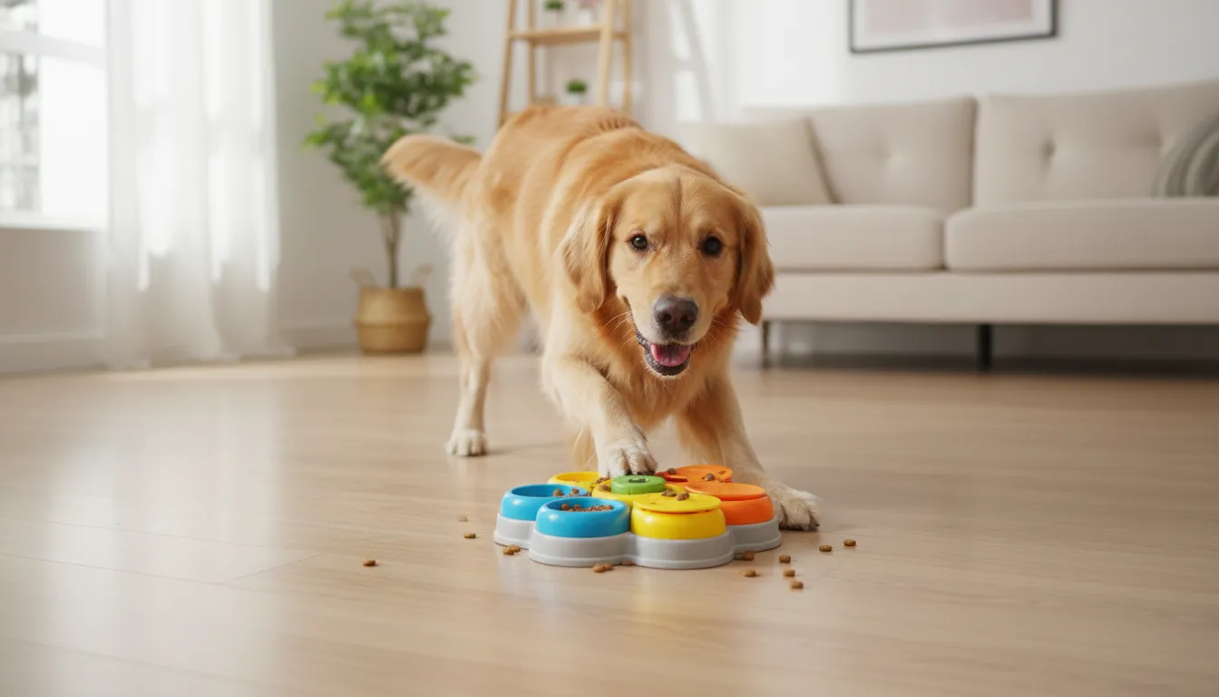 Dog using dog puzzle toys and a slow feeder for enrichment