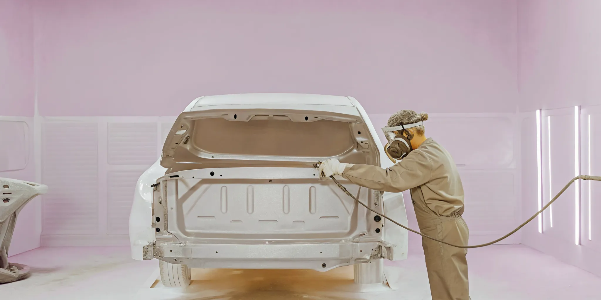 Technician repairing an aluminum Ford F-150 panel in a dedicated clean room at an Orlando collision repair shop
