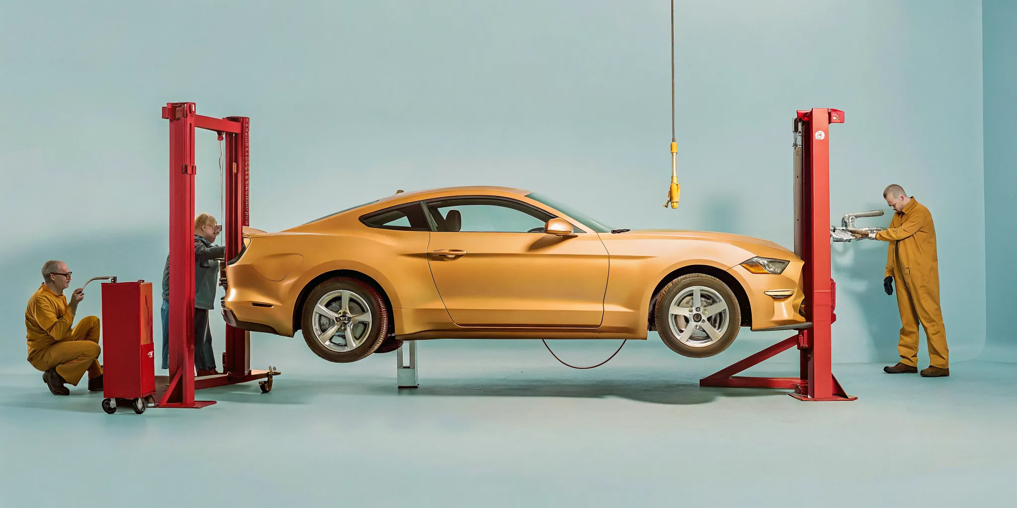 Ford Mustang on a frame alignment rack in a professional Orlando collision center