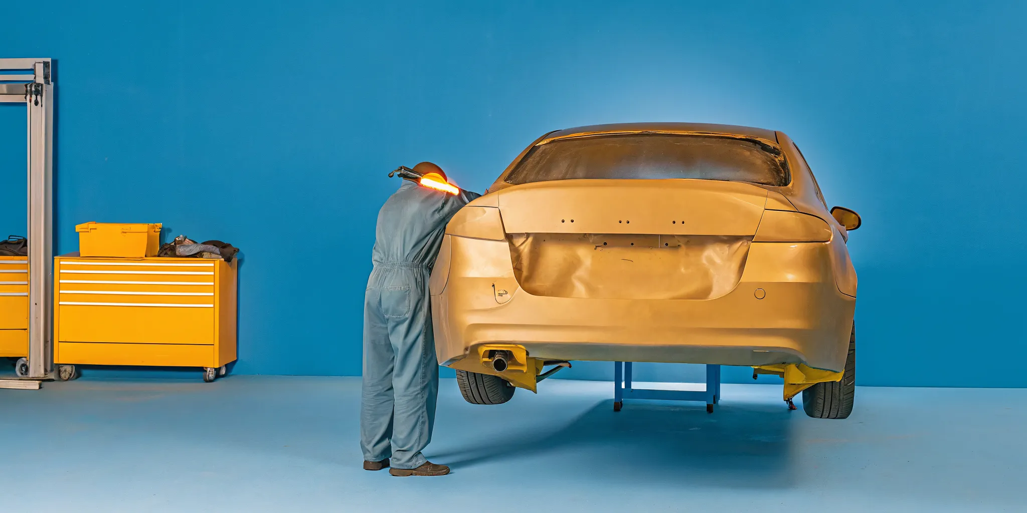 Technician inspecting hidden rear end collision damage behind a sedan bumper