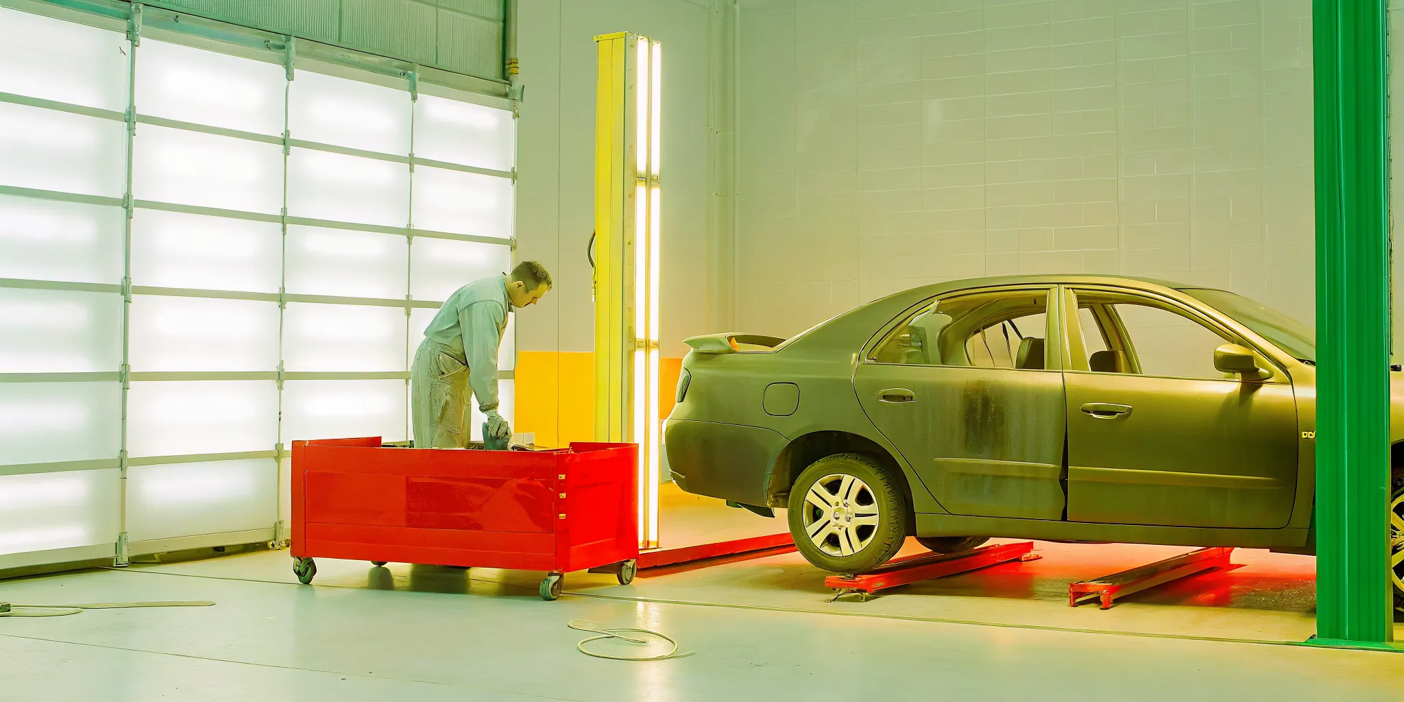 Auto body technician performing OEM certified collision repair on a sedan at Collision Center Orlando