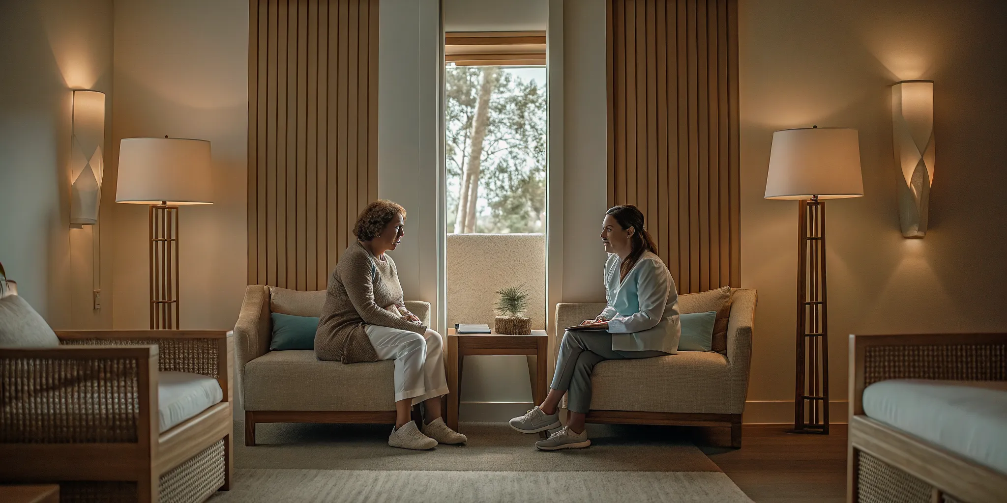 A medical professional consulting with a patient in a modern addiction treatment center with warm natural lighting
