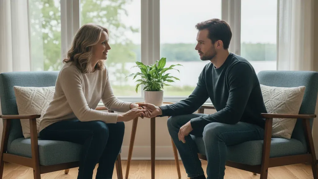 Family member and adult discussing binge drinking concerns in a supportive setting