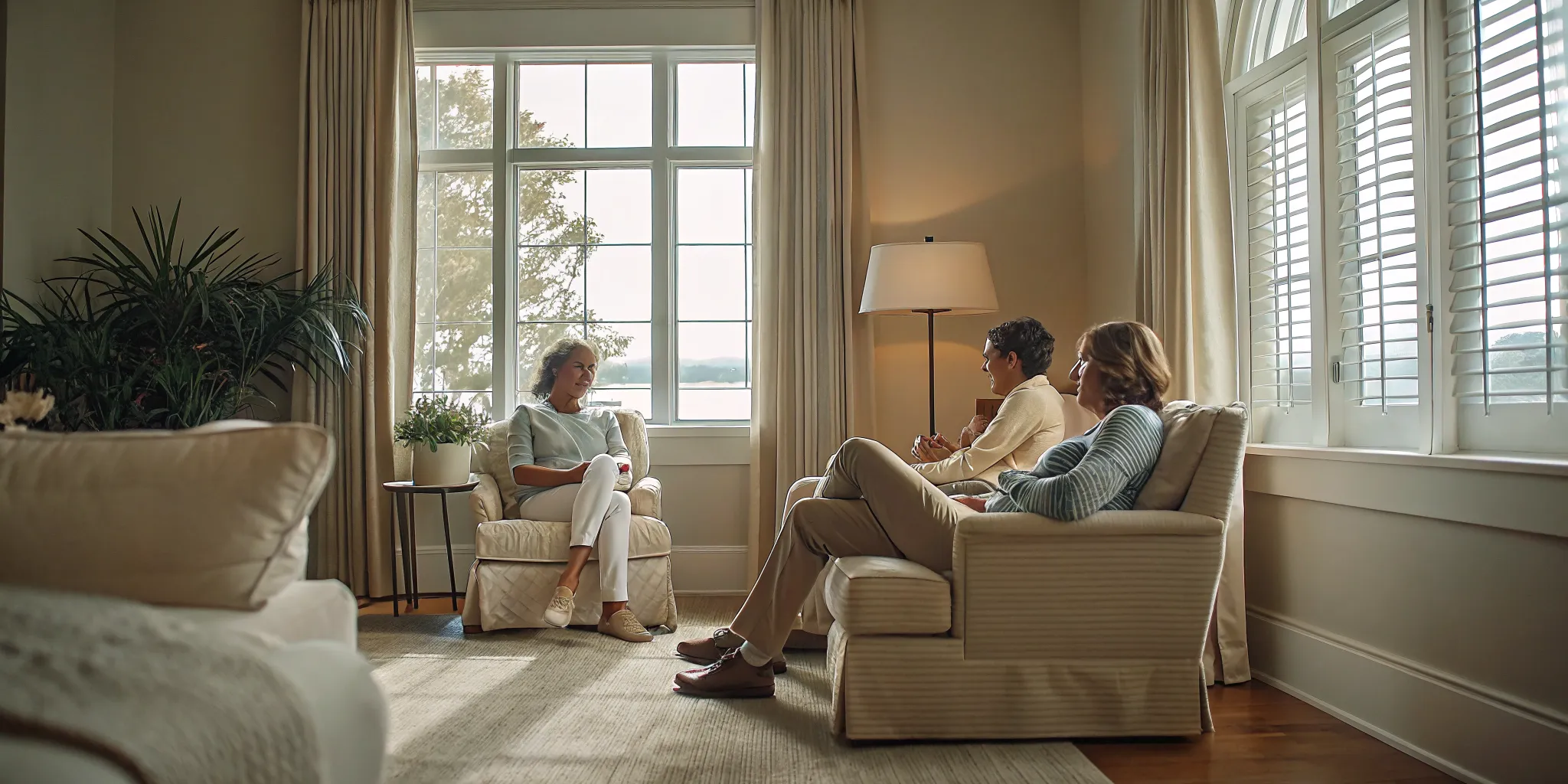 Therapist leading a DBT group skills session in a luxury residential treatment center sitting room with soft natural light