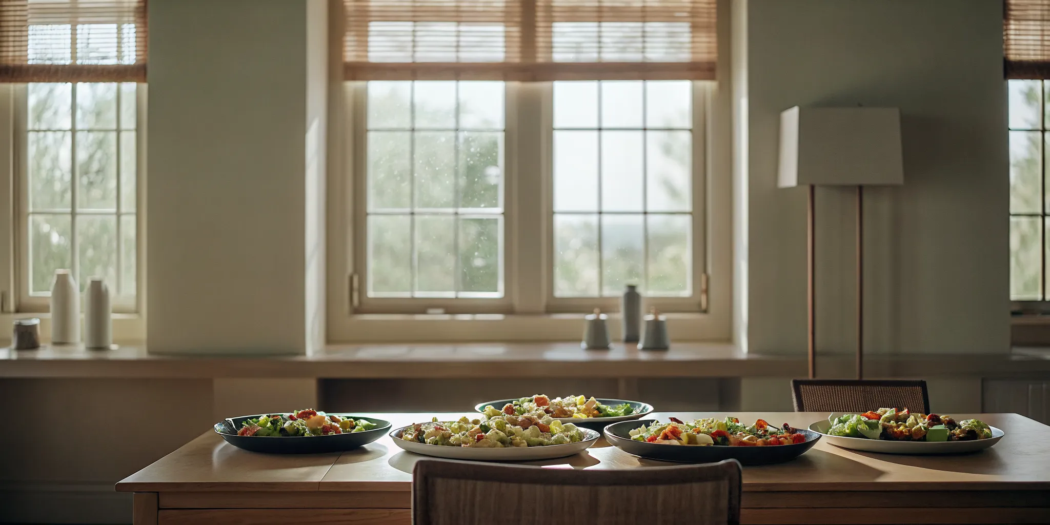 Fresh colorful meal platters with vegetables, fruits, and lean proteins in a bright dining setting