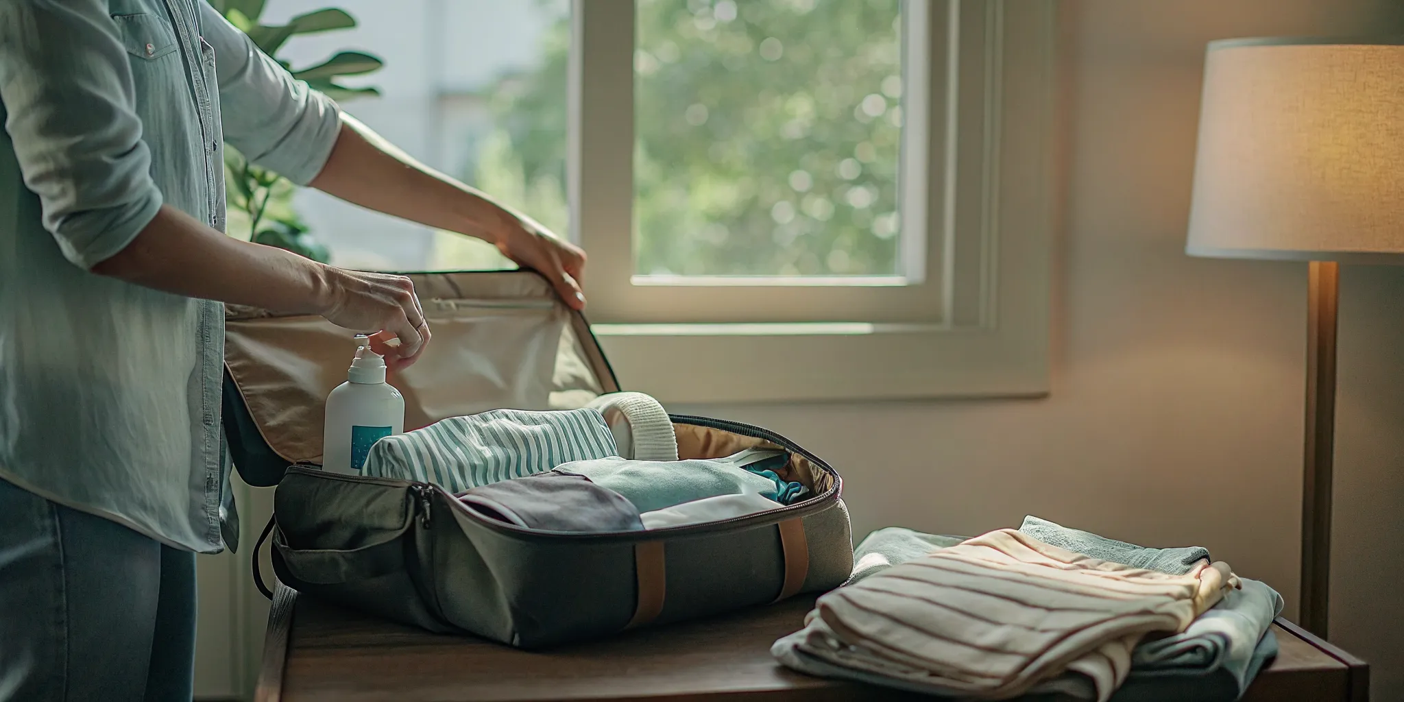 Adult organizing comfortable clothing and essentials to pack for rehab