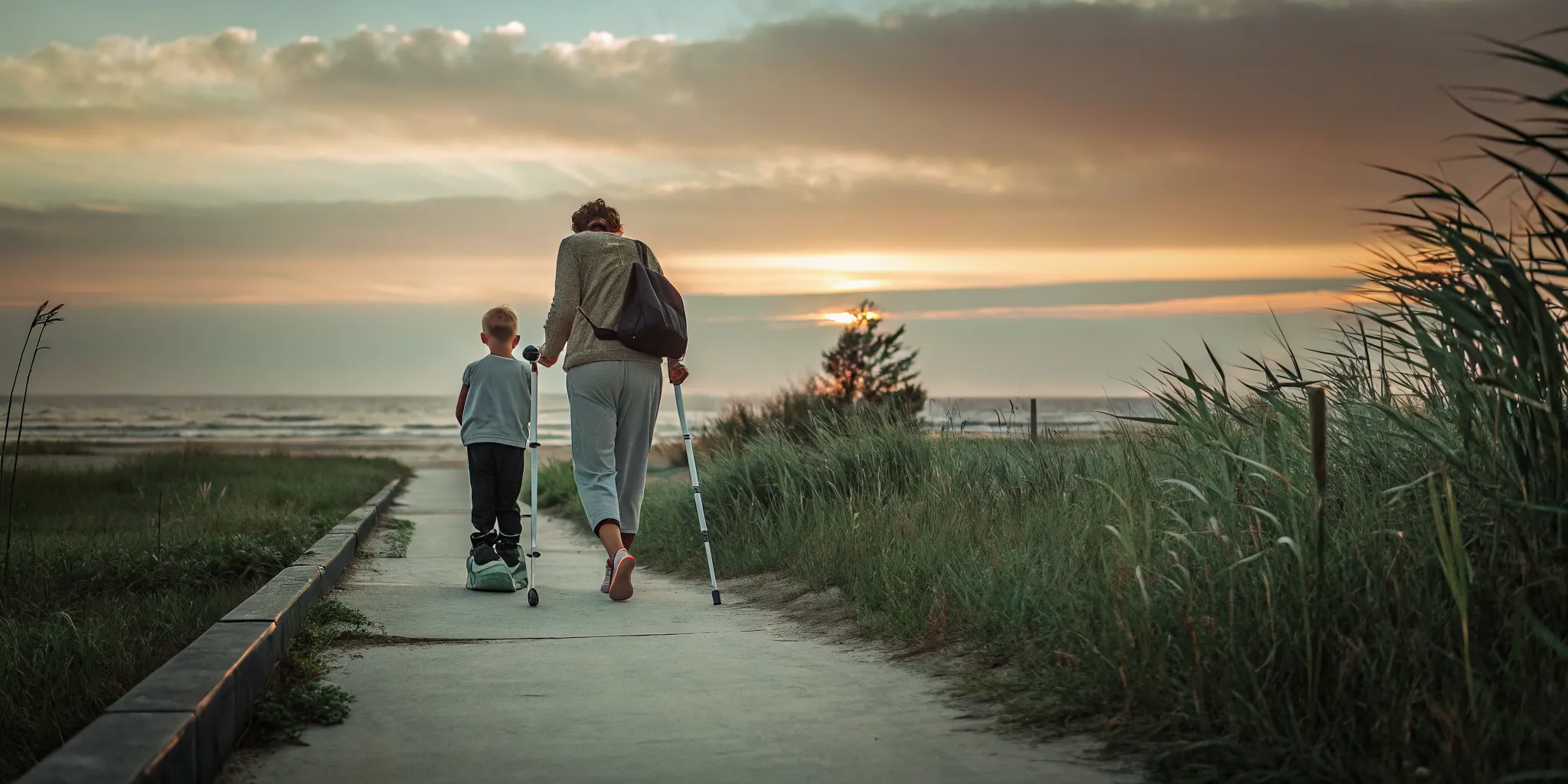 Supportive companion walking with an adult during cocaine recovery