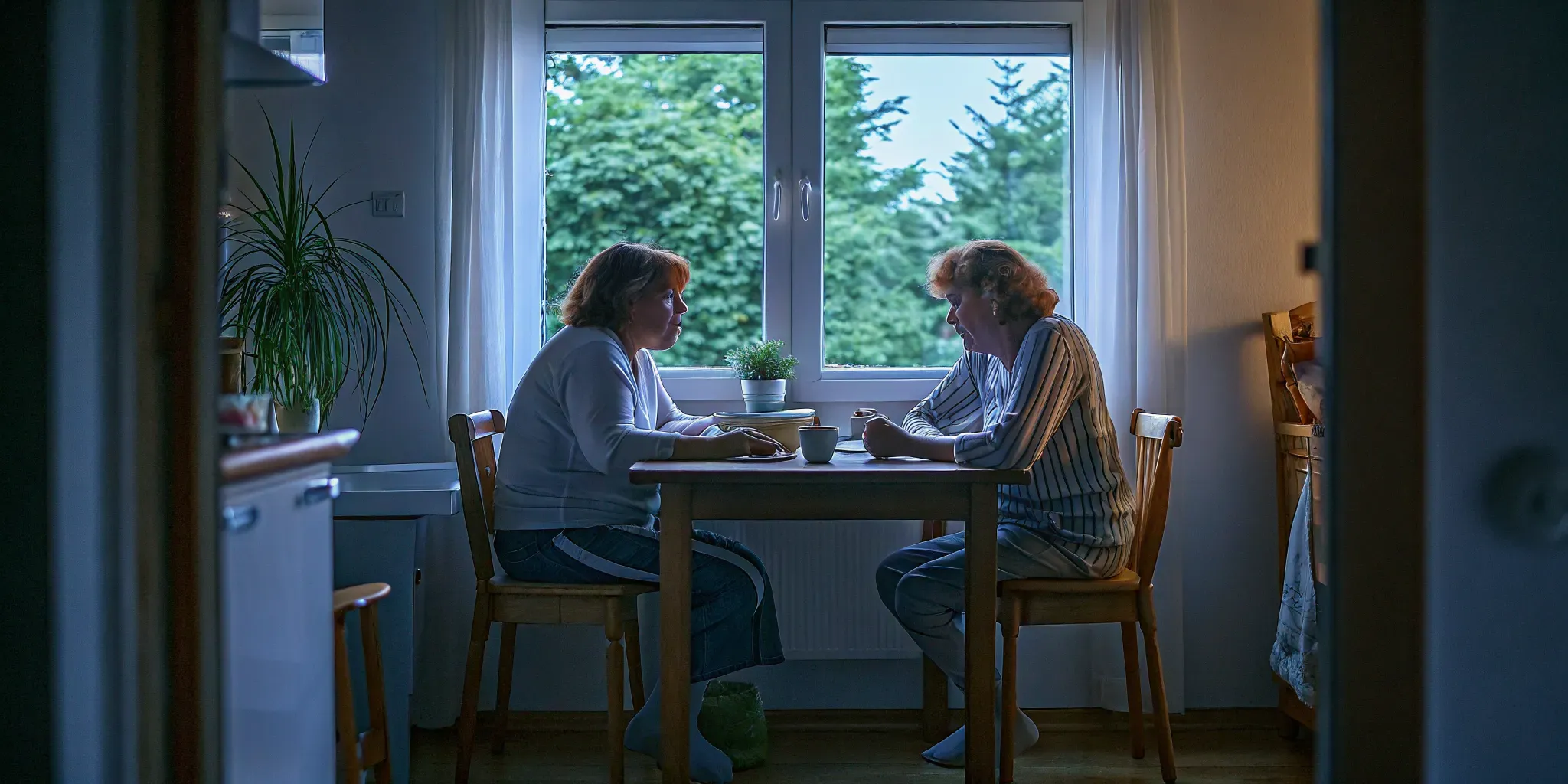 Two adult family members having a calm, caring conversation about addiction support at a kitchen table