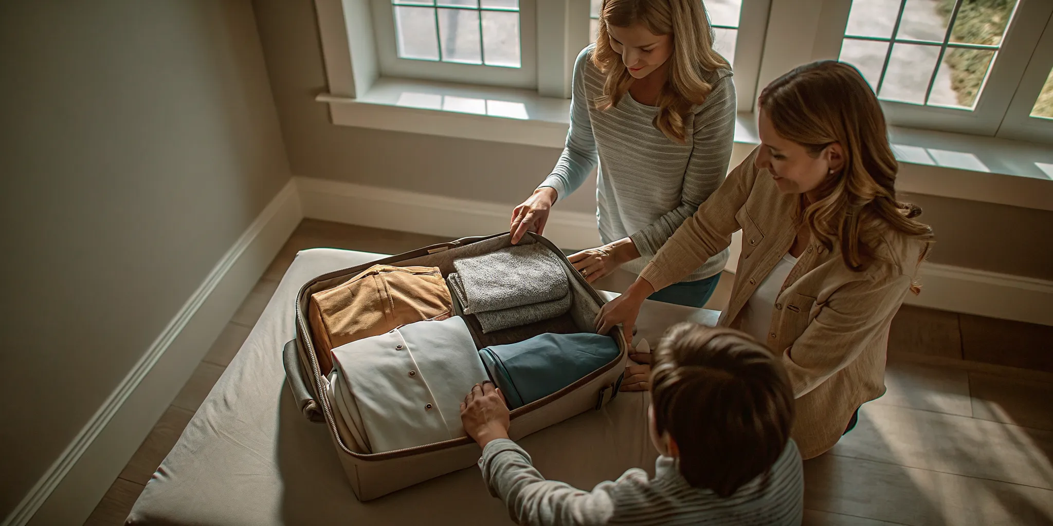 Supportive family member helping organize essentials before residential rehab