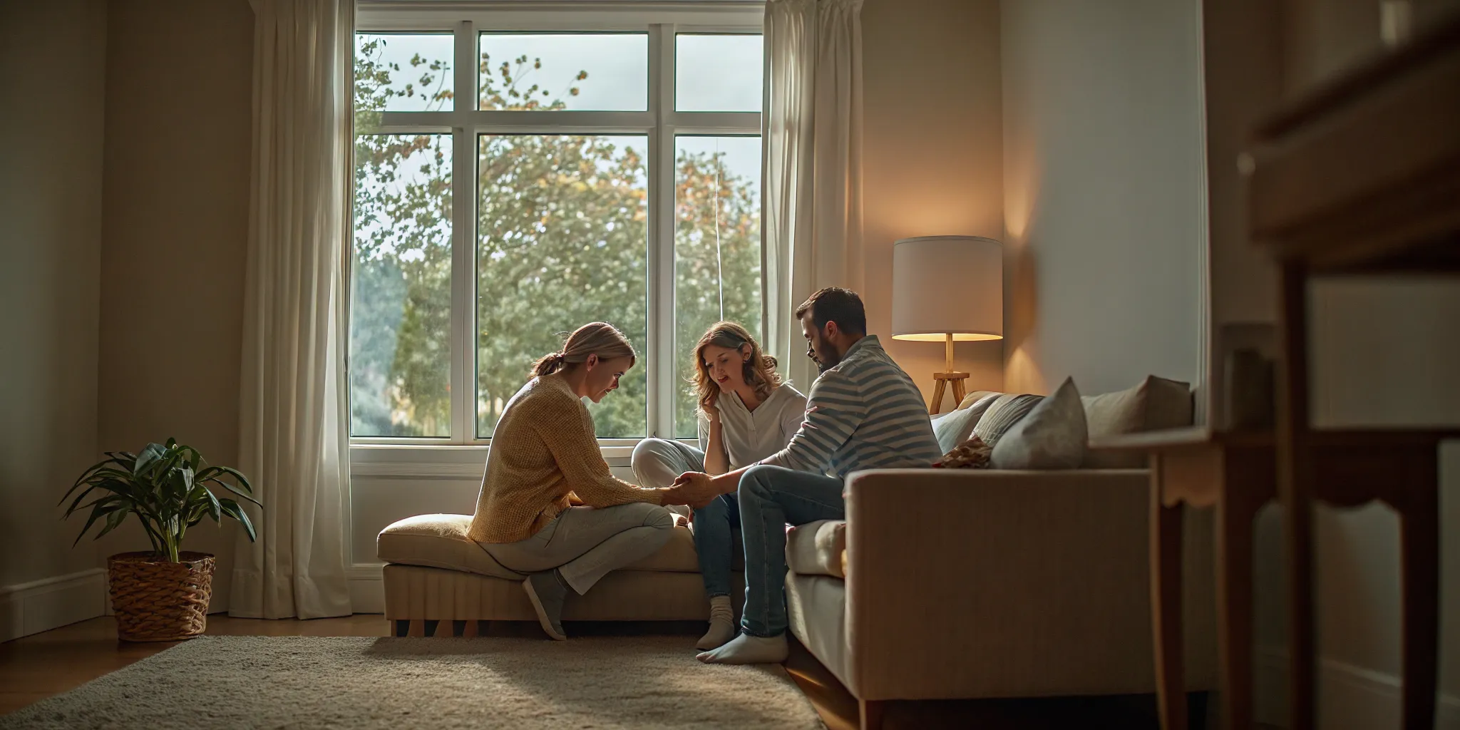 Family having a calm conversation about how to support someone after rehab