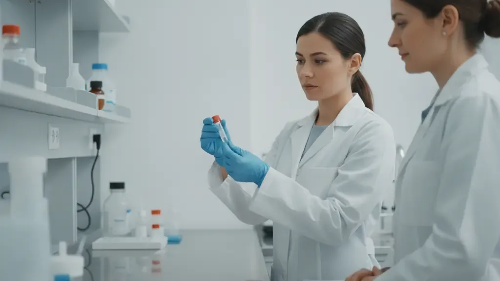Laboratory professionals handling a specimen for medication testing