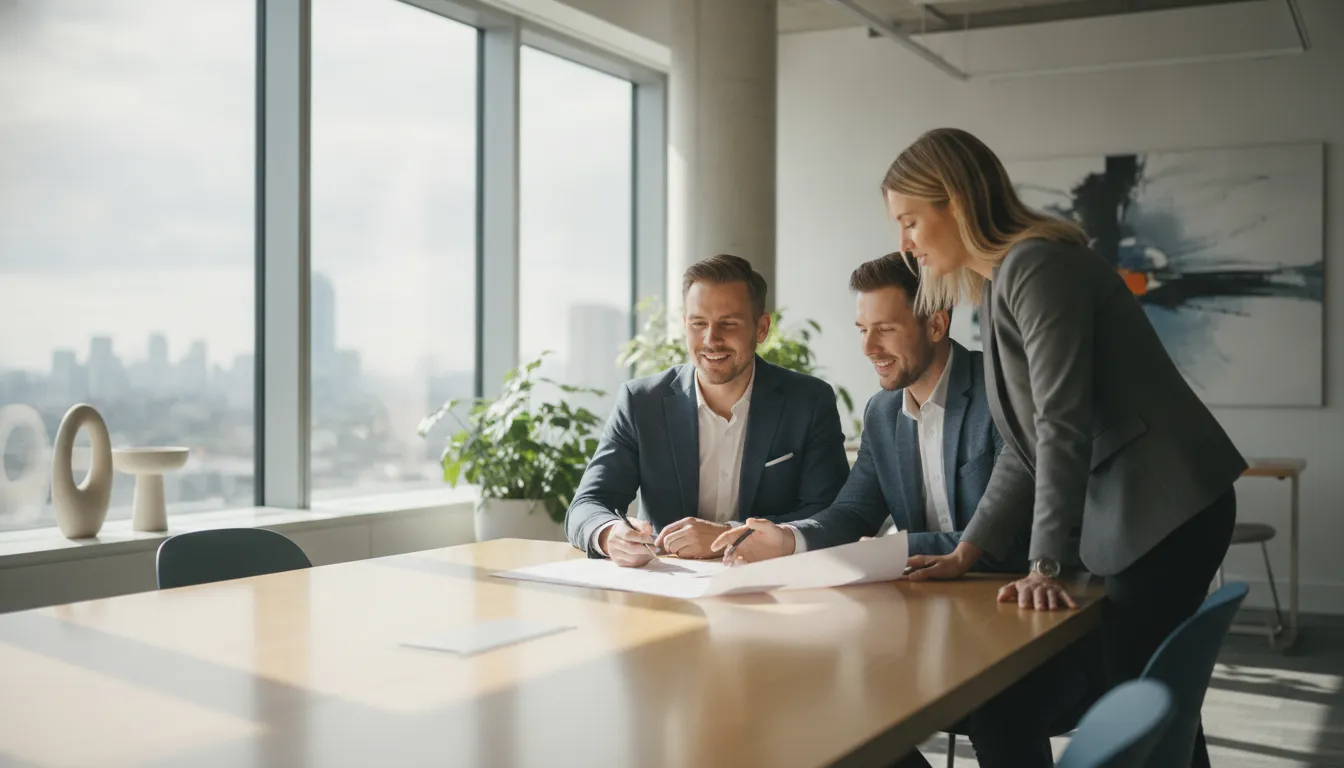 Startup founders and attorney reviewing corporate law and entity structure