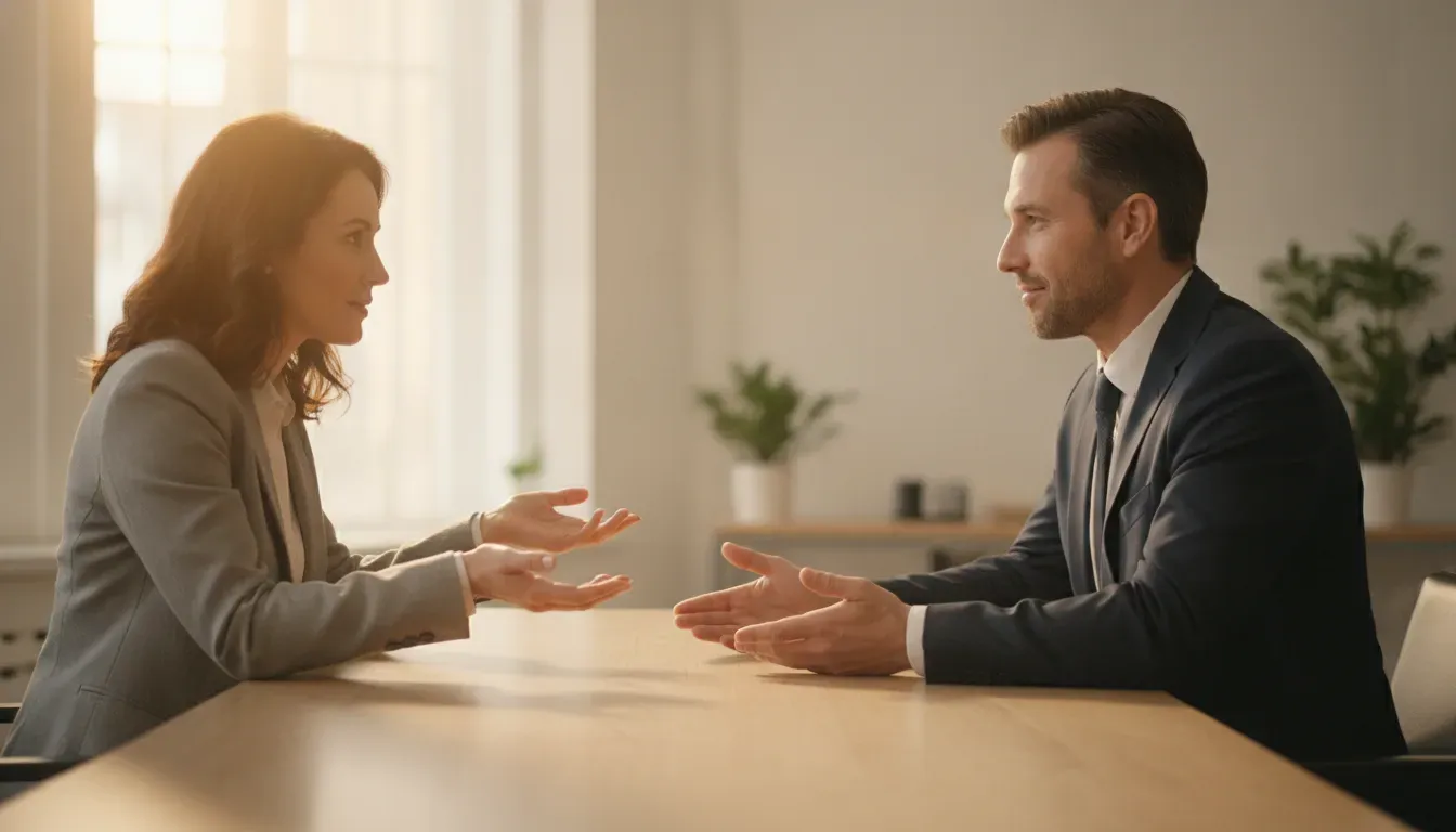 Worker and employment lawyer having a calm consultation about choosing legal representation