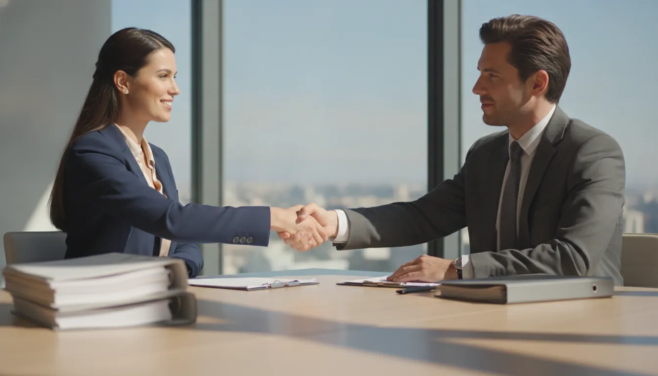 A business owner and attorney shaking hands to close an acquisition, guided by a mergers and acquisitions lawyer