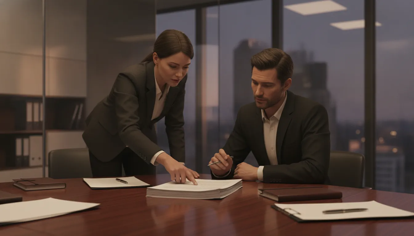 Two business advisors reviewing a merger agreement at a conference table during due diligence for a mergers and acquisitions lawyer client