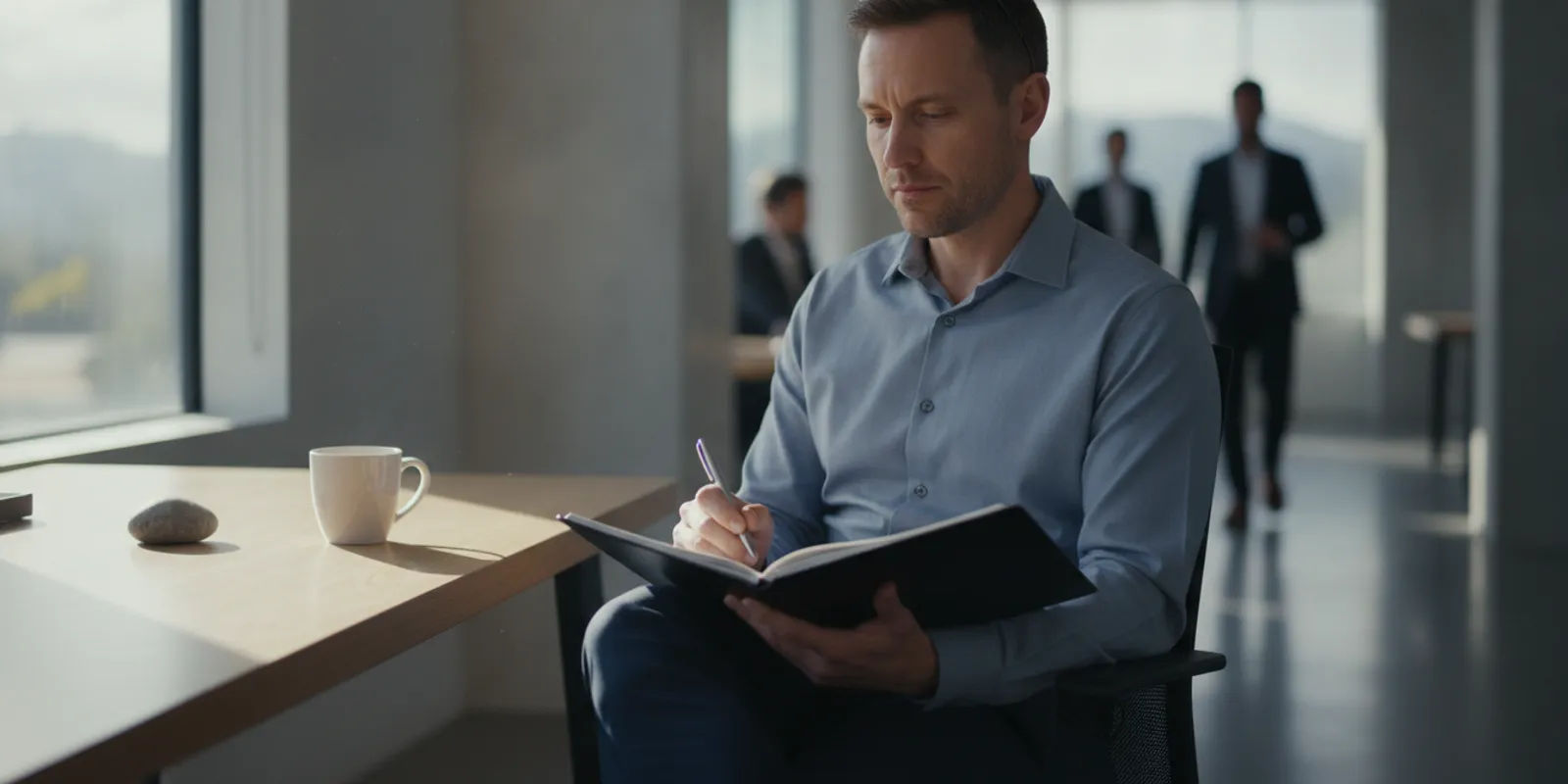 An employee taking notes at a desk after a difficult workplace interaction