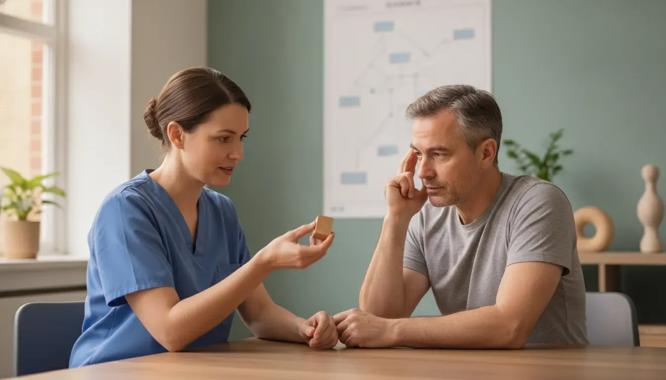 Rehabilitation clinician discussing brain injury recovery with an adult patient