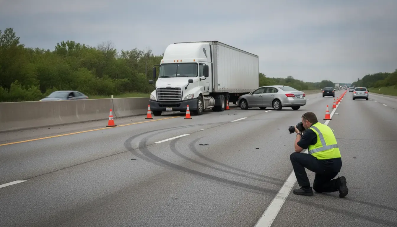 Investigator documenting tire marks after an Atlanta truck crash