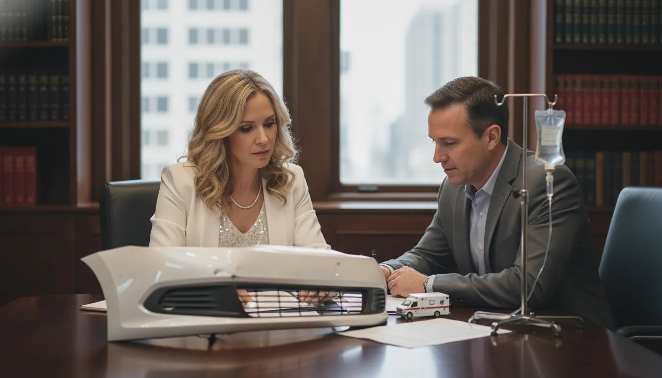 Female Atlanta trial attorney reviewing an injury case with a client