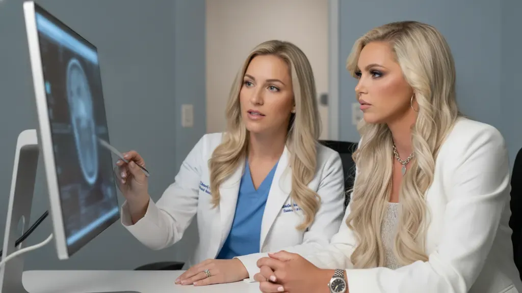 Female radiologist and attorney reviewing brain imaging after a traumatic brain injury