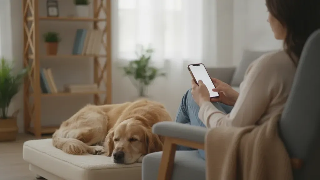 Pet parent observing a resting dog while preparing questions about joint support