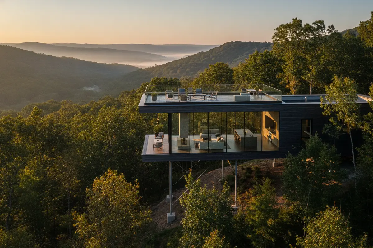 Elevated modern home with a rooftop deck among wooded hills at The Preserve at Dale Hollow