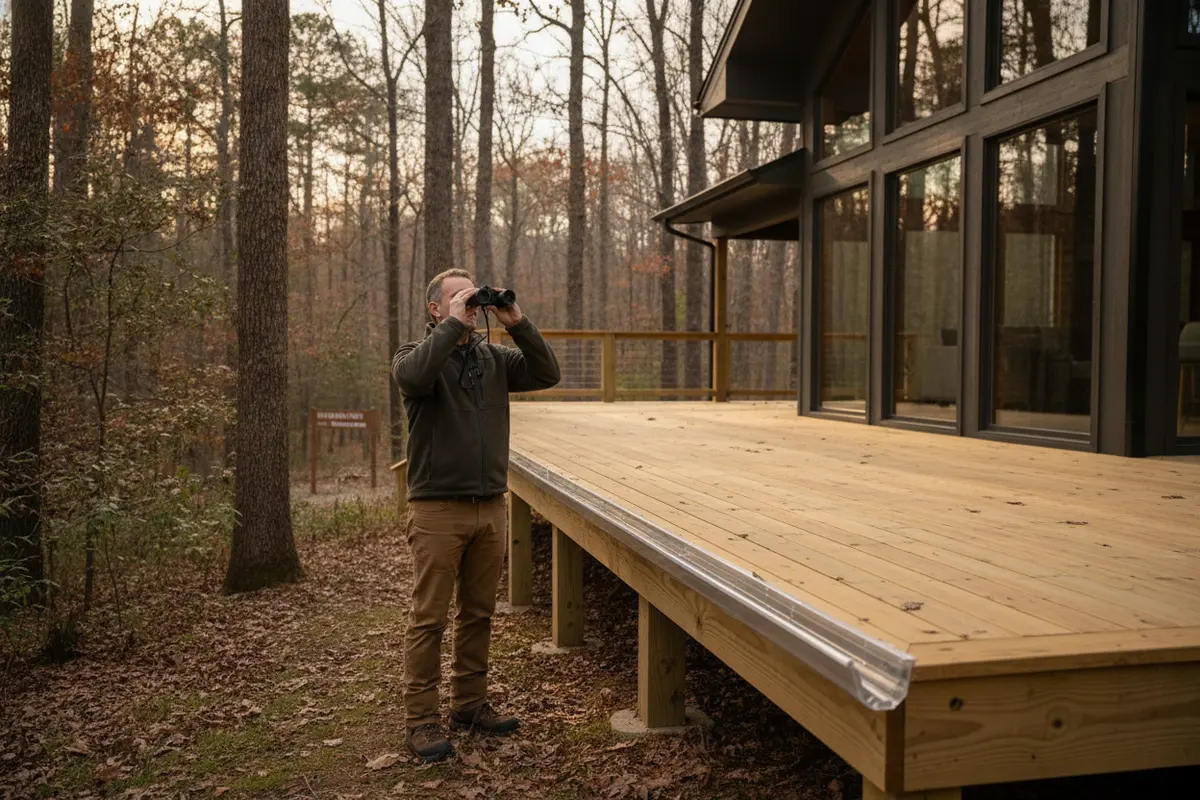 Exterior seasonal inspection of an elevated modern home at The Preserve at Dale Hollow