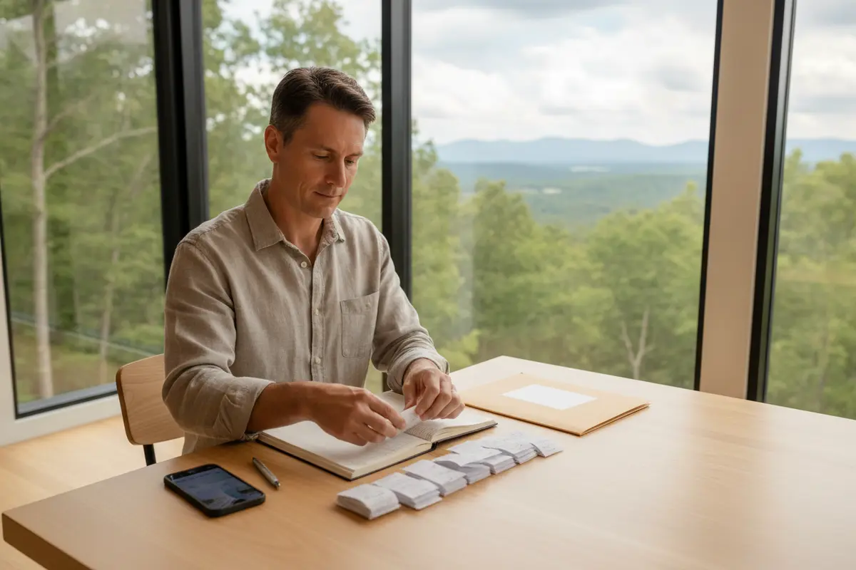 Homeowner organizing rental income and expense documents in a modern vacation home