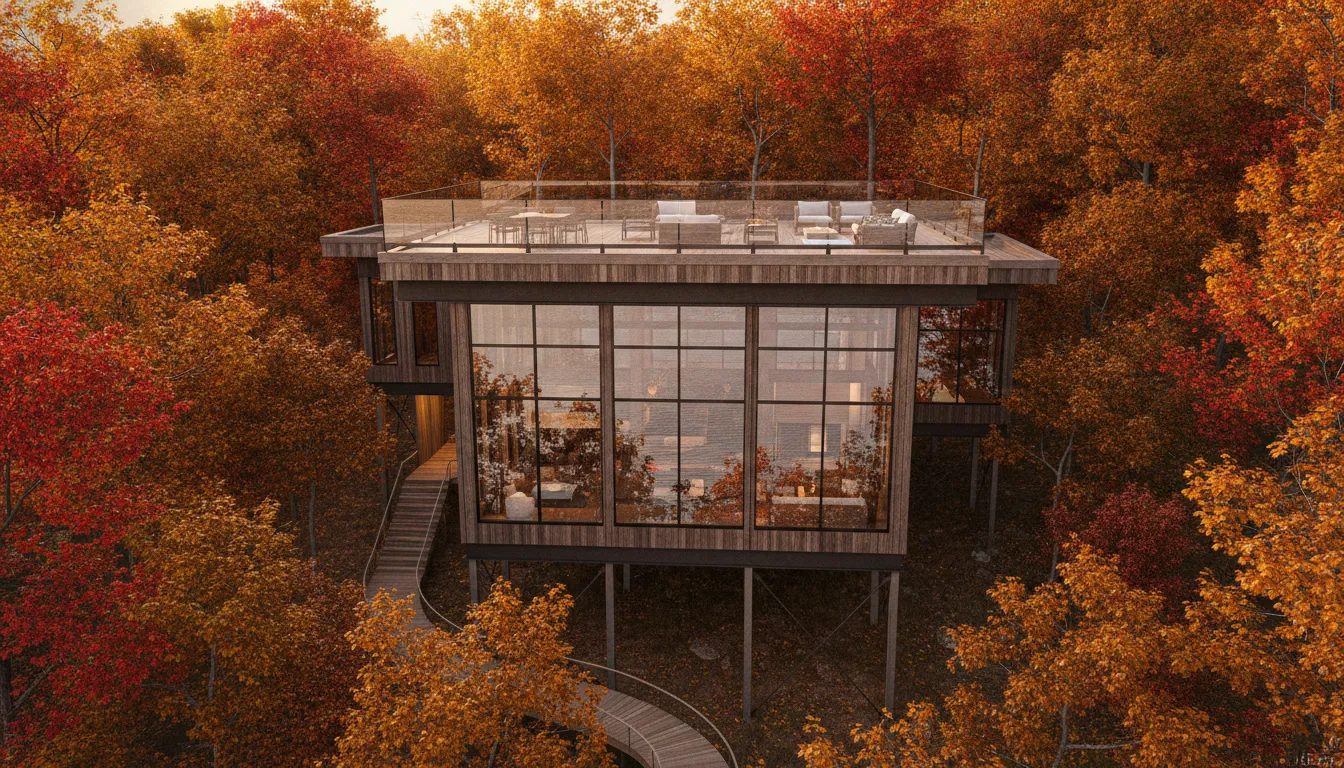 Modern architect-designed treetop vacation home at Dale Hollow Lake with rooftop deck and wooded surroundings