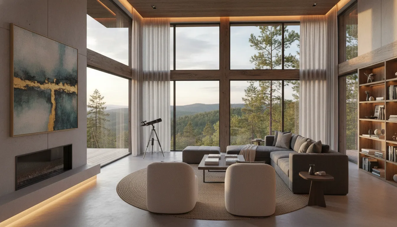 Modern luxury cabin interior with floor-to-ceiling windows overlooking wooded hills at Dale Hollow Lake