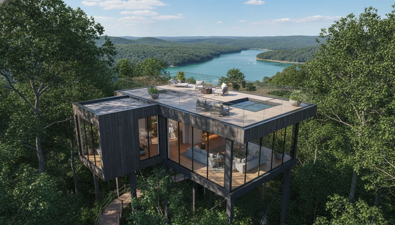 Modern treetop vacation home with rooftop deck surrounded by forest canopy at Dale Hollow Lake Tennessee