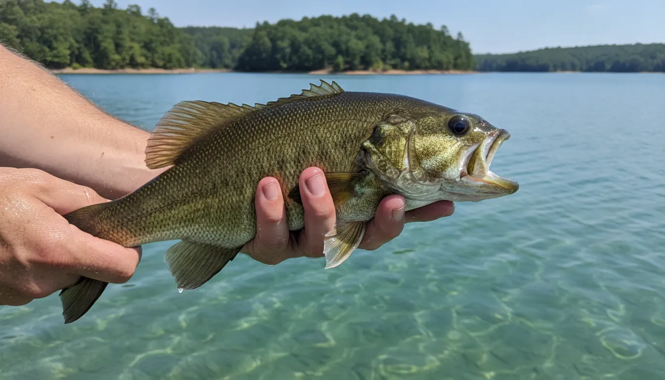 Close-up of a fisherman holding a large smallmouth bass caught on Dale Hollow Lake