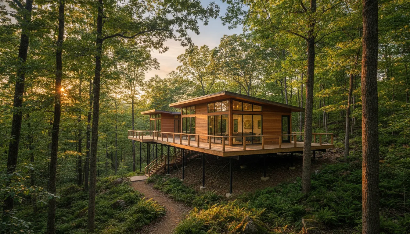 Modern stilt-supported home elevated on steel piers in a dense Tennessee forest with wooden deck at golden hour