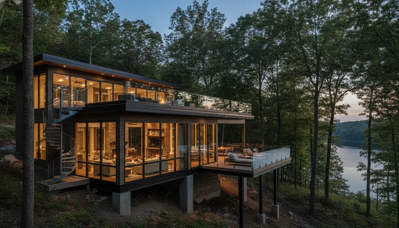 Modern architect-designed treetop vacation home with large windows and rooftop deck