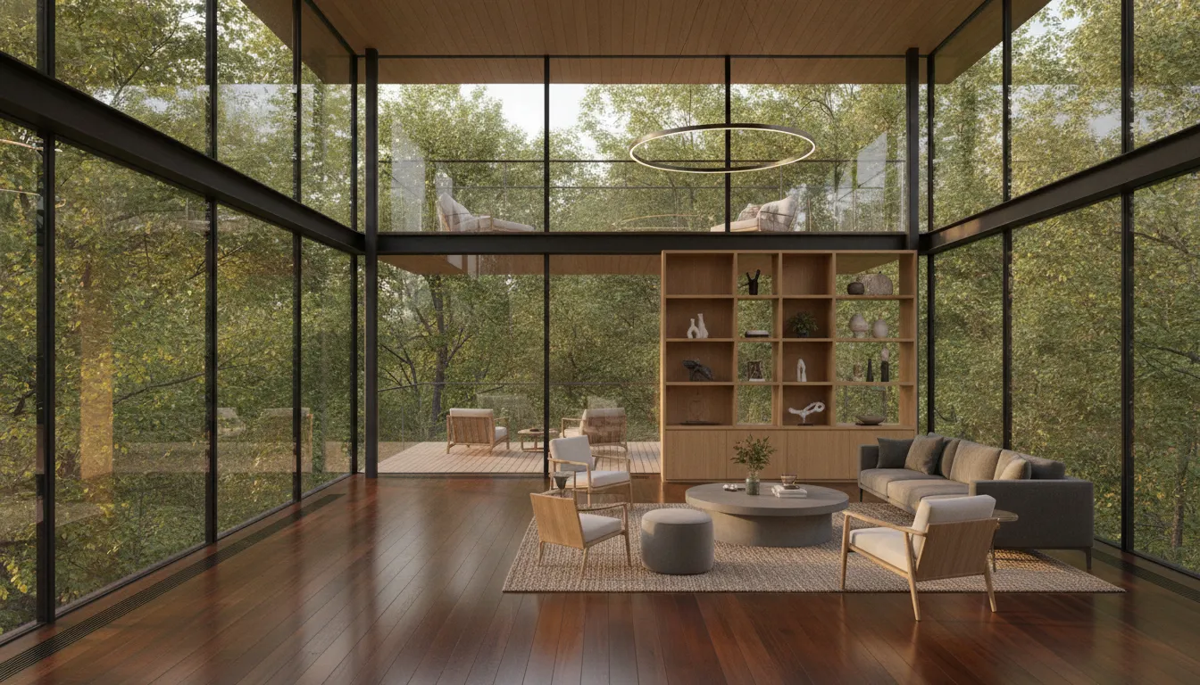 Modern treetop vacation home interior with floor-to-ceiling windows overlooking forest canopy, open-concept living area with hardwood floors and natural light