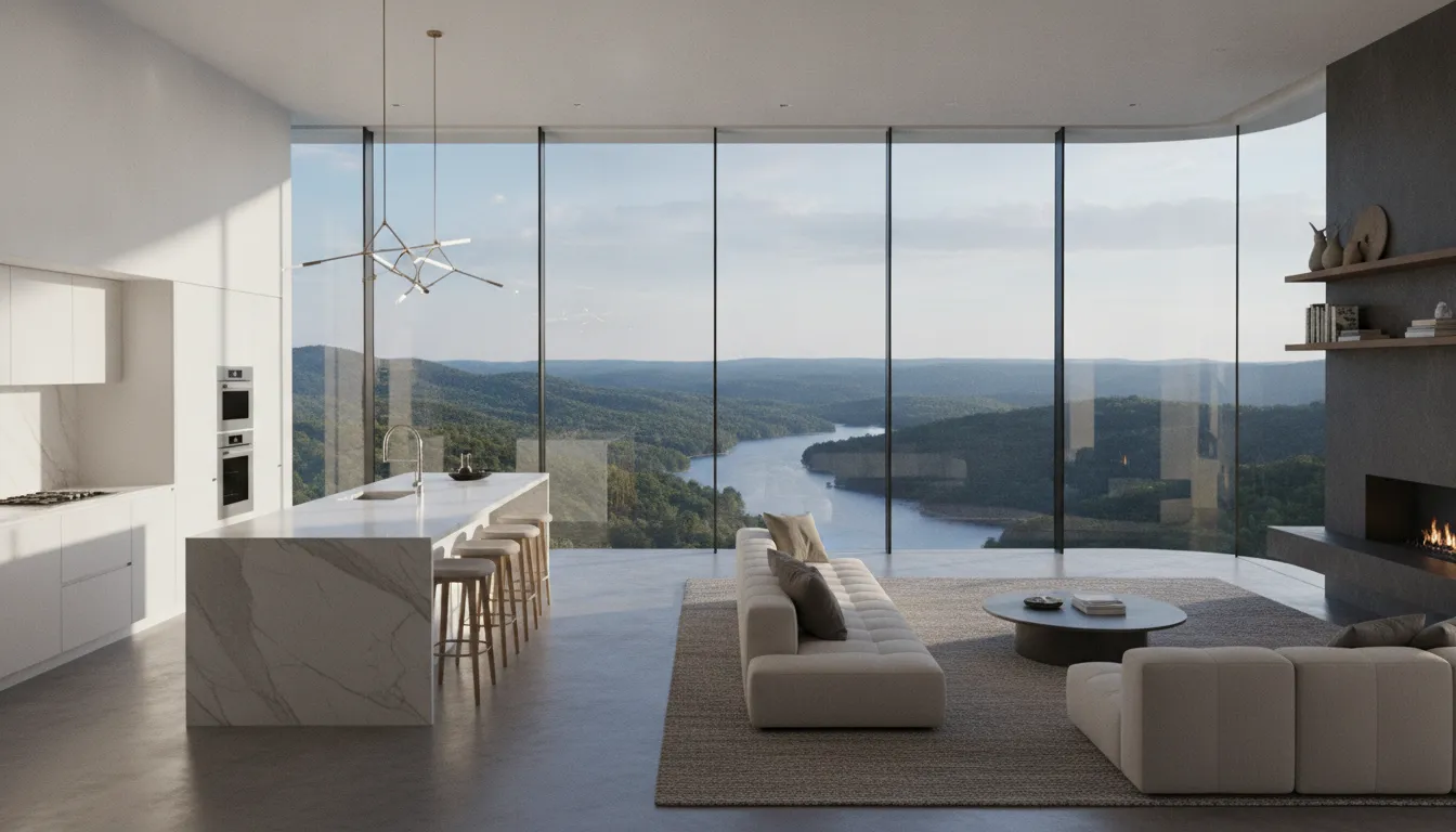 Open floor plan modern vacation home interior with large windows overlooking treetops and forest at Dale Hollow Lake