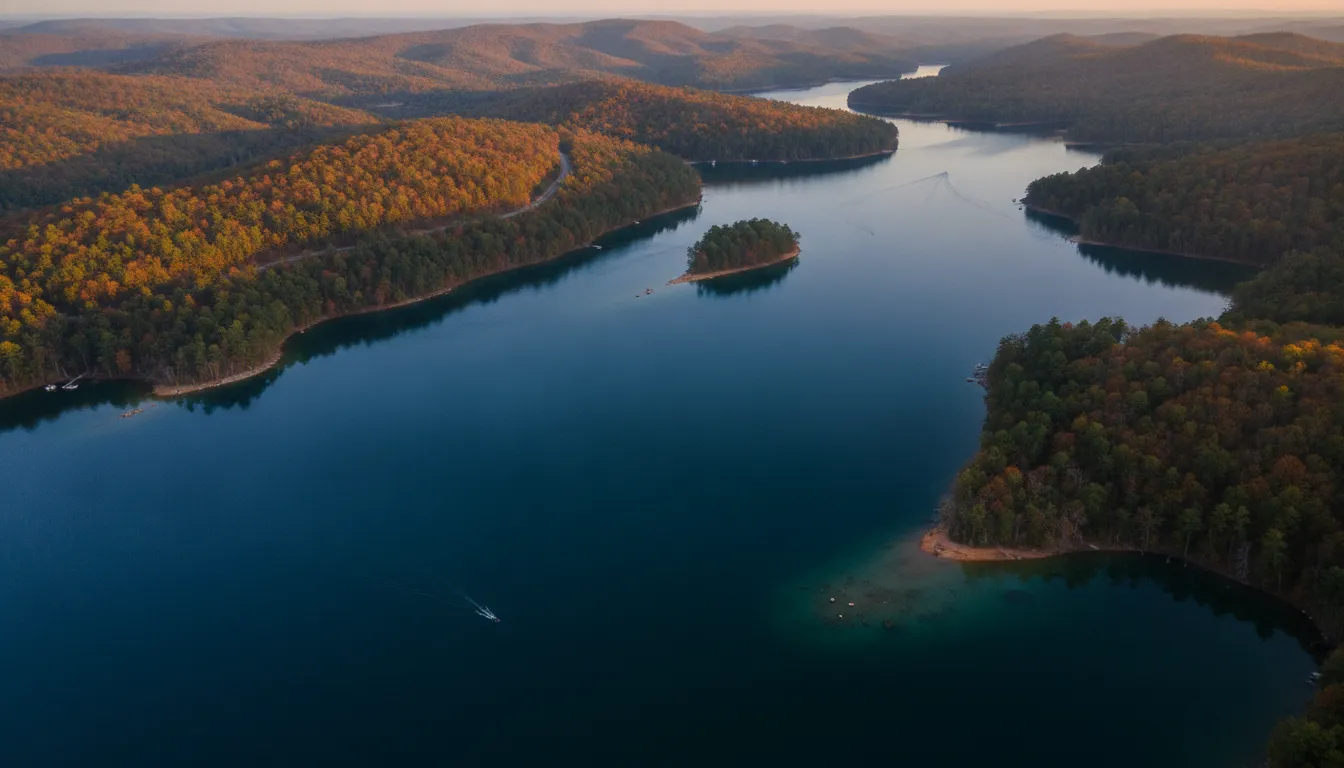 Aerial view of Dale Hollow Lake with clear blue water at The Preserve at Dale Hollow