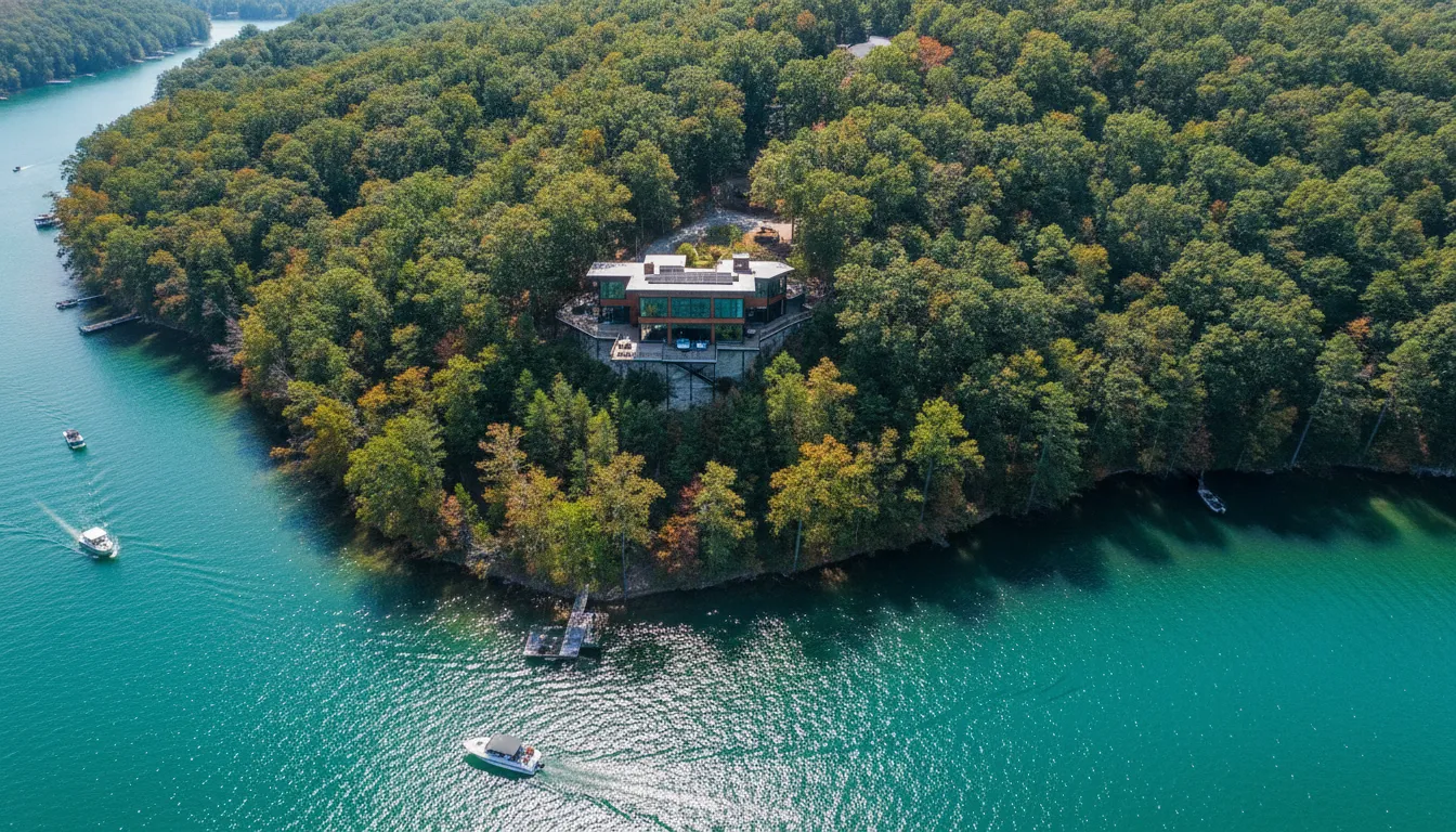 Clear blue waters of Dale Hollow Lake with forested shoreline viewed from above