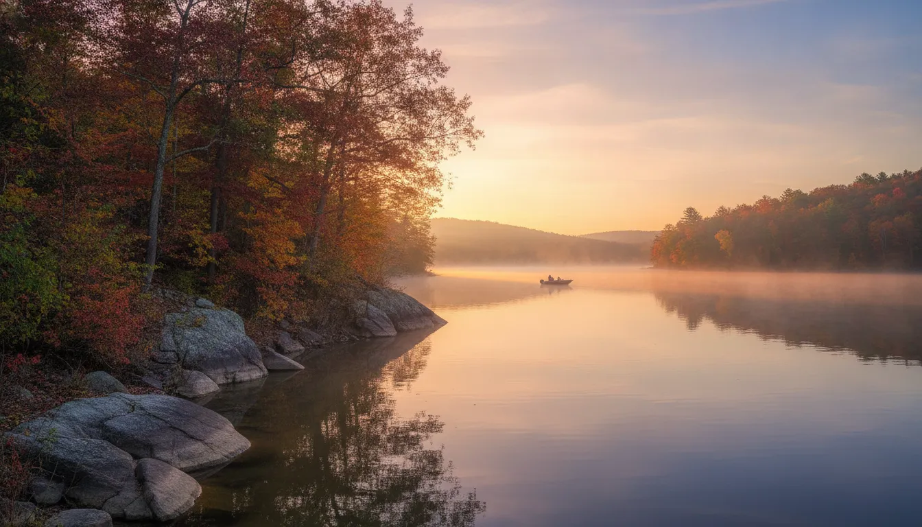 Peaceful sunrise over Dale Hollow Lake with a fishing boat on calm misty water