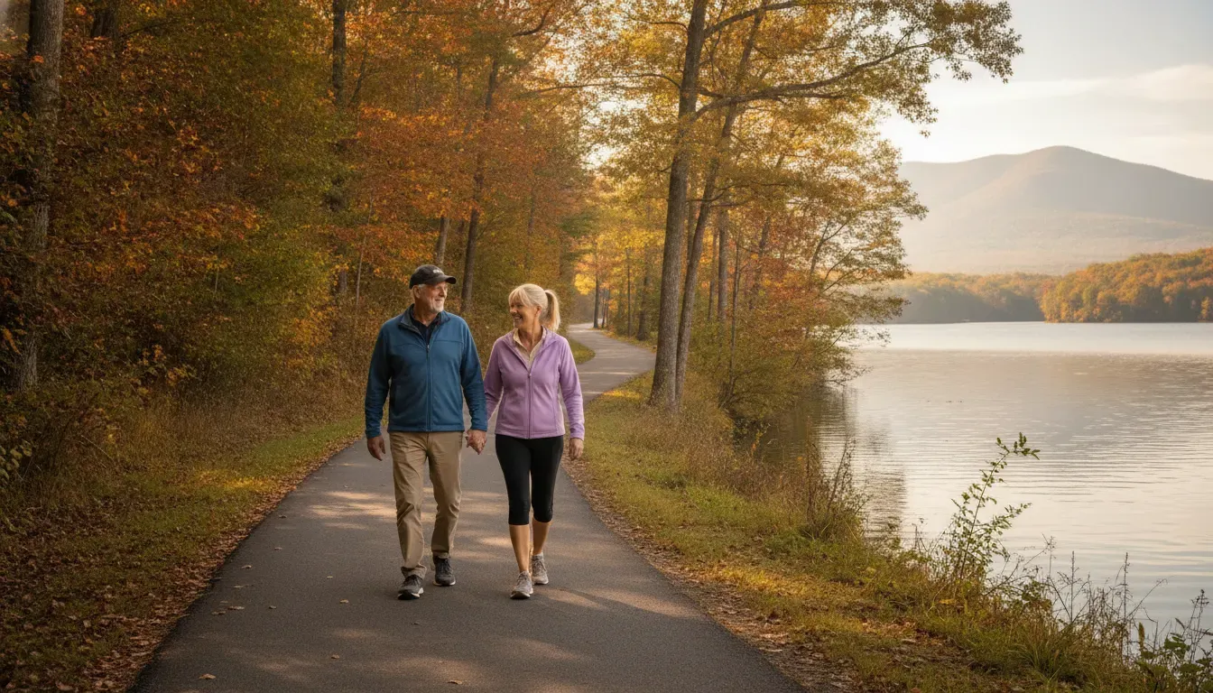 Older couple walking beside a wooded Tennessee lake during retirement