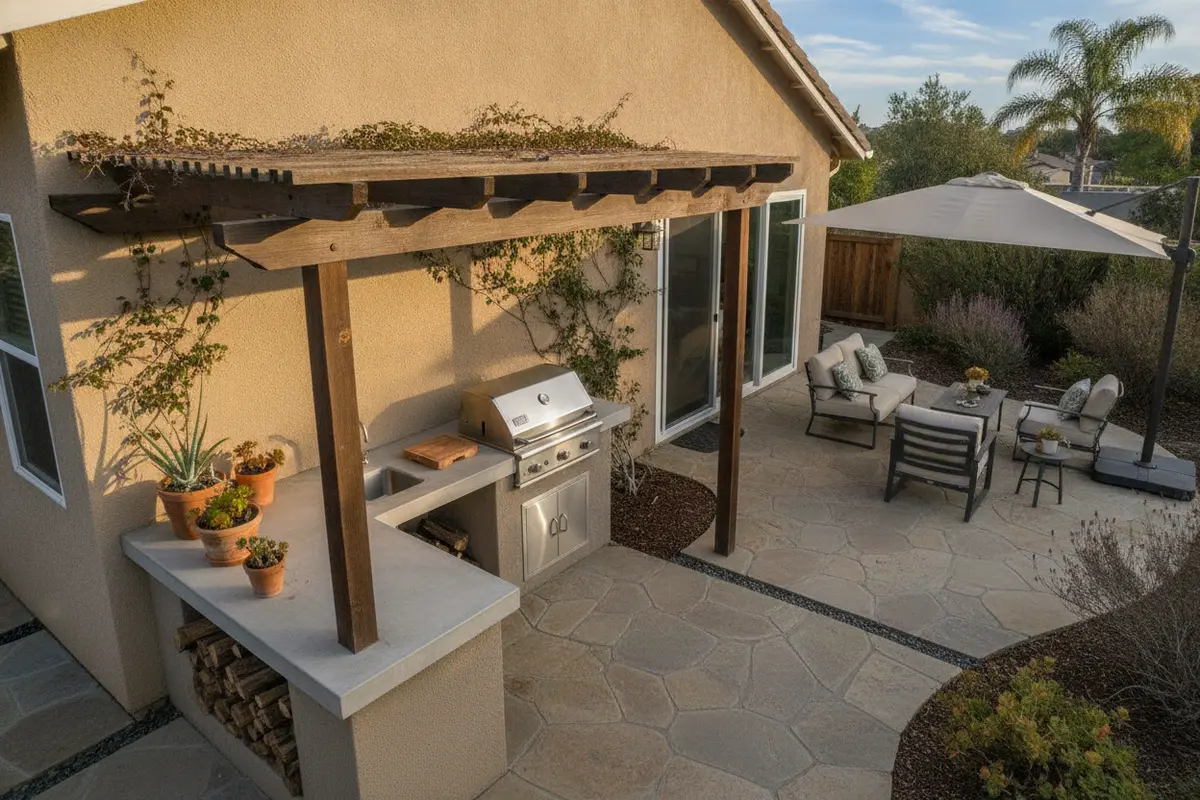 A compact outdoor kitchen layout with a grill, prep counter and clear patio circulation