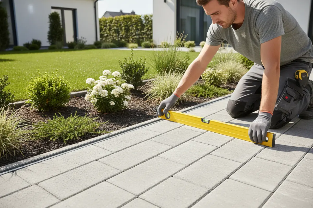 A contractor checking patio slope and drainage during an outdoor living project