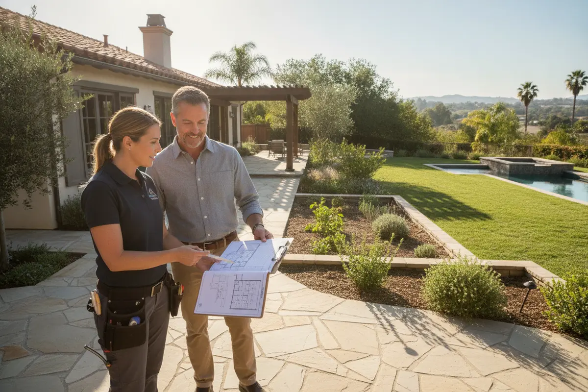 A homeowner and contractor discussing an outdoor living project plan
