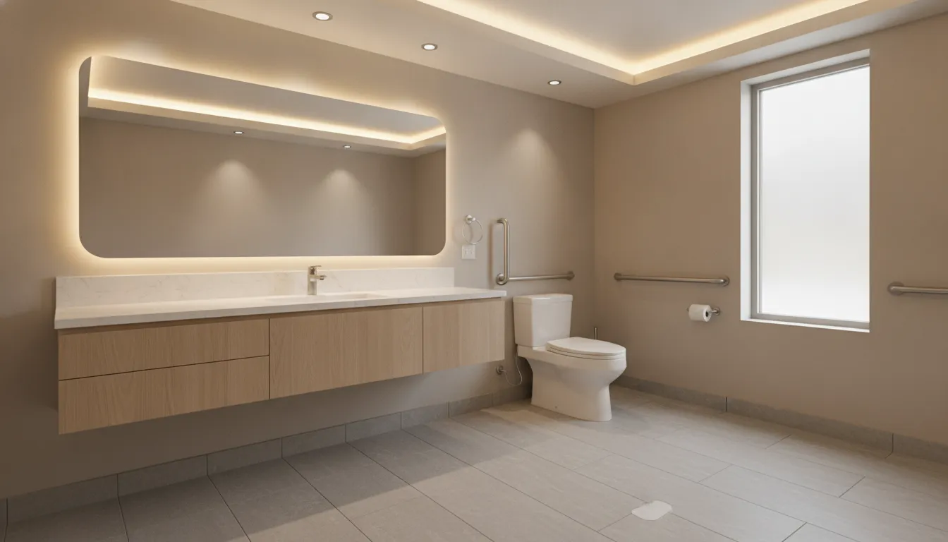 Accessible bathroom vanity, comfort-height toilet, and wide clear pathway