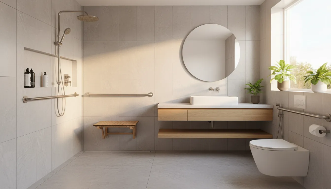 Accessible bathroom design with zero-threshold shower, grab bars, and bench