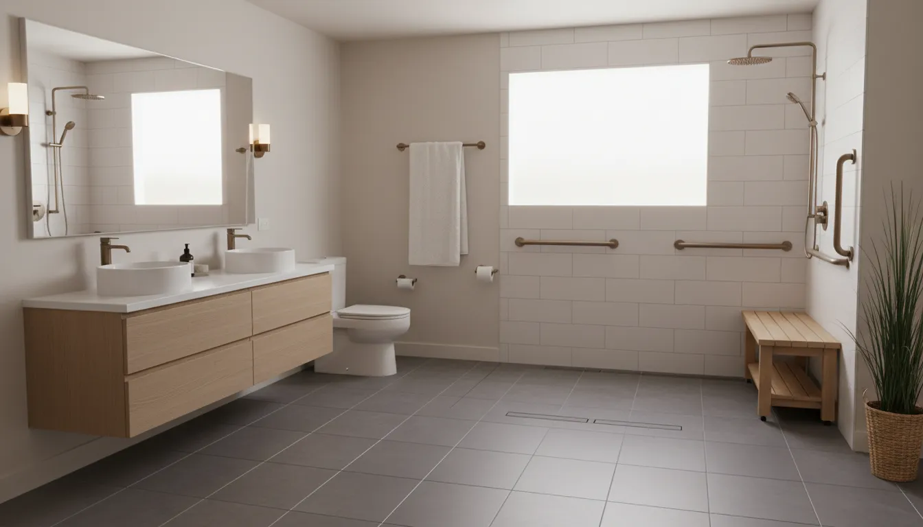 Accessible bathroom design with a curbless shower, grab bars, and built-in bench