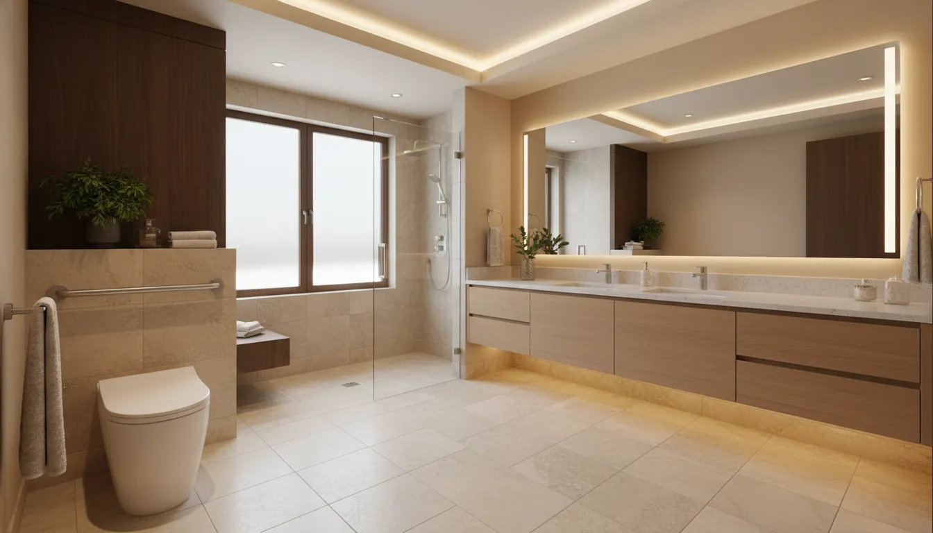Aging-in-place bathroom layout with wide clear floor space and accessible fixtures
