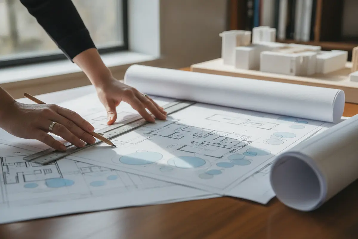 ADU floor plans and site drawings being reviewed before permit submission