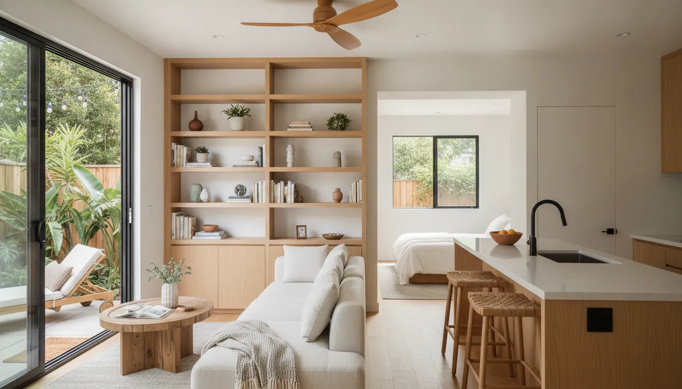 Bright ADU interior with built-in storage, kitchen island, bedroom, and private patio connection